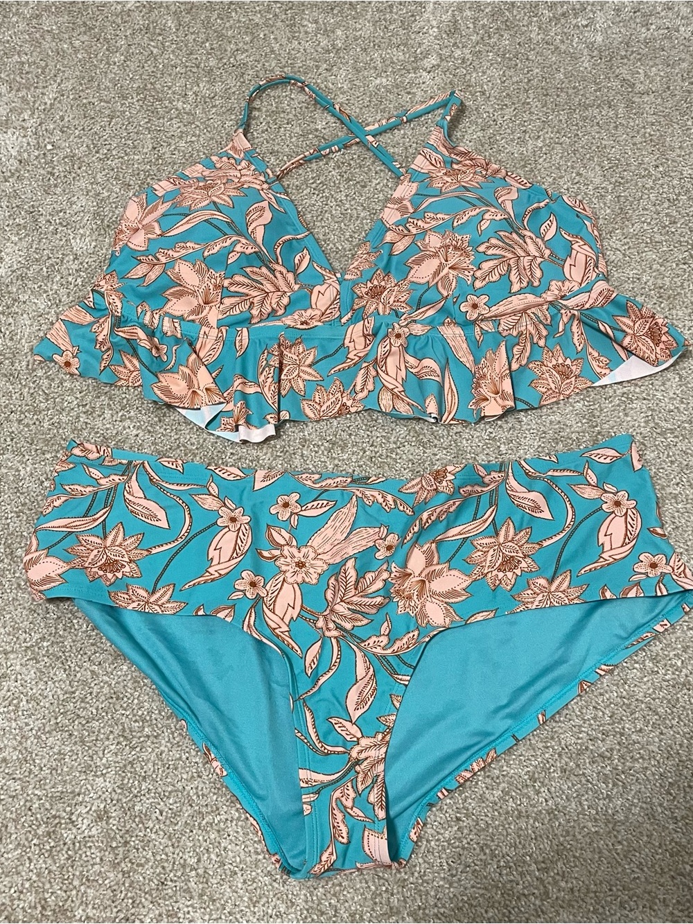 Time and Tru Teal and Peach Floral Ruffle Bikini Set